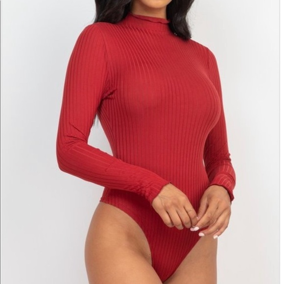 WOMENS RUST RIBBED LONG SLEEVE MOCK‎ NECK BODYSUIT - Picture 5 of 8